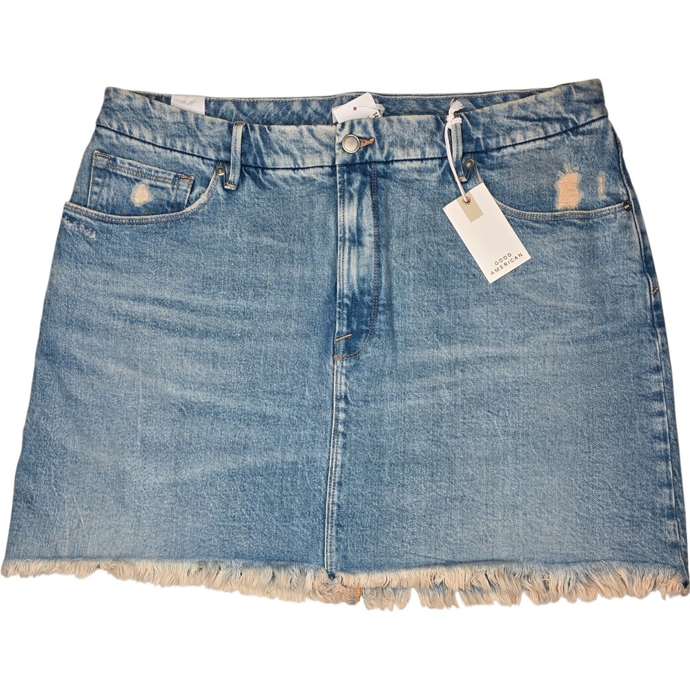 GOOD AMERICAN‎ Good Waist Micro Demin Skirt Indigo Frayed Hem Distressed 16 NWT